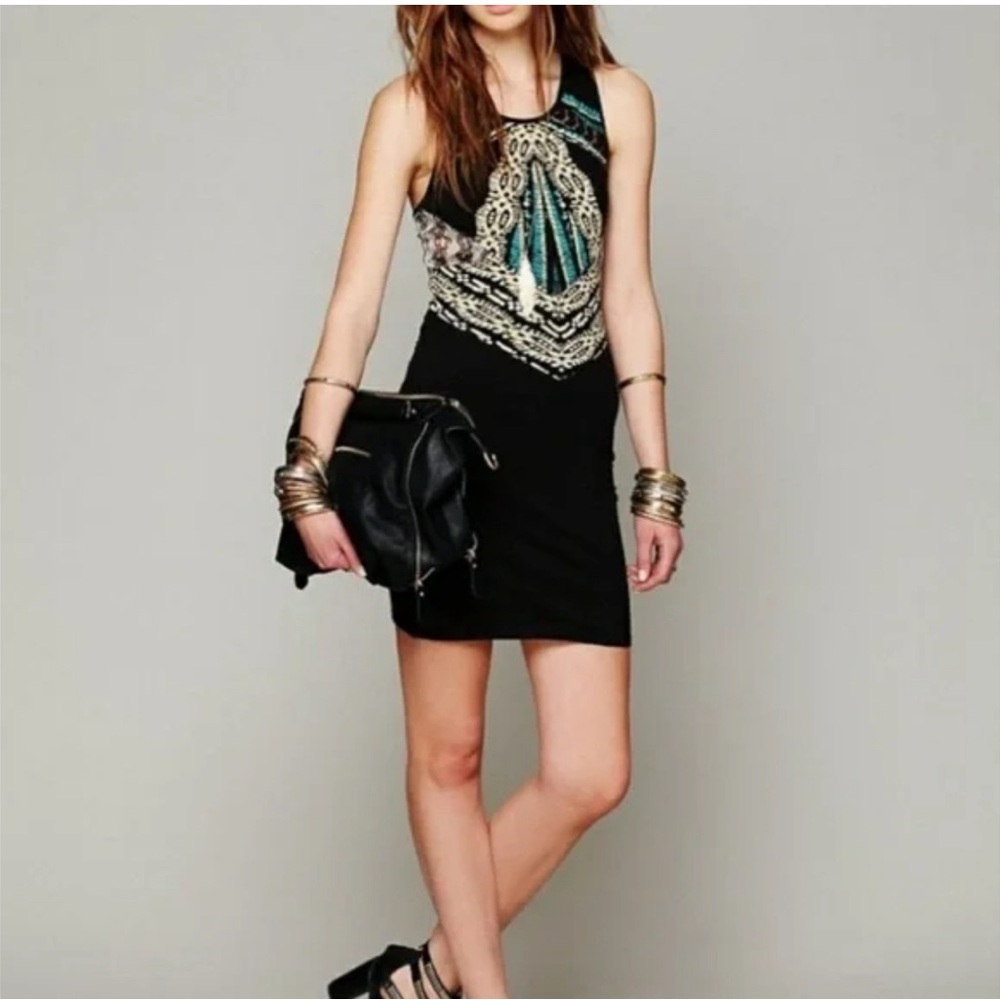 Free People Out Of Africa Black Snakeskin Bodycon Mini Dress Size Large
